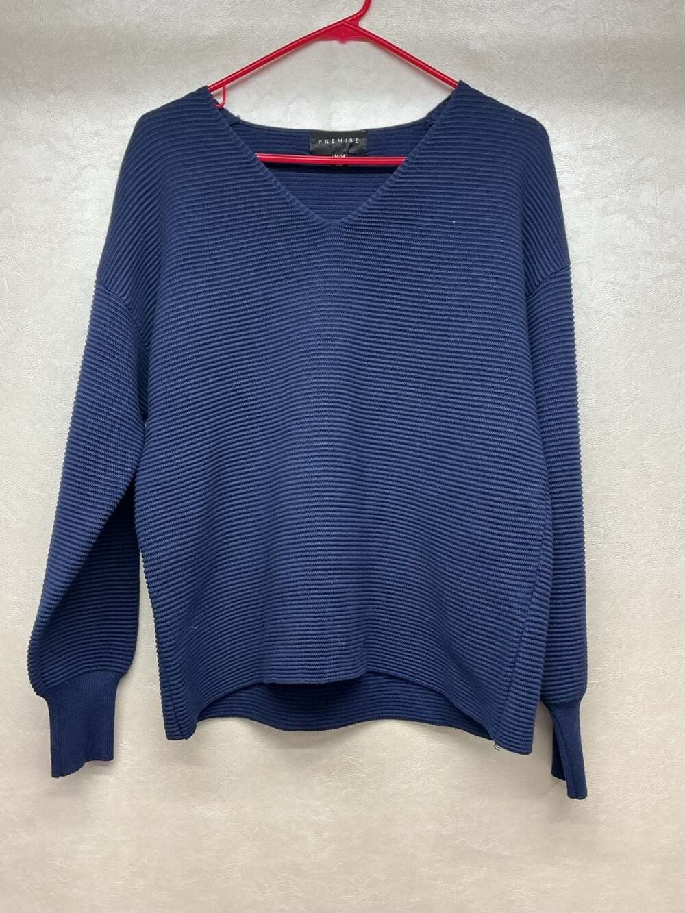 Premise V-Neck Sweater Size M Blue Ribbed Long Sleeve Pullover